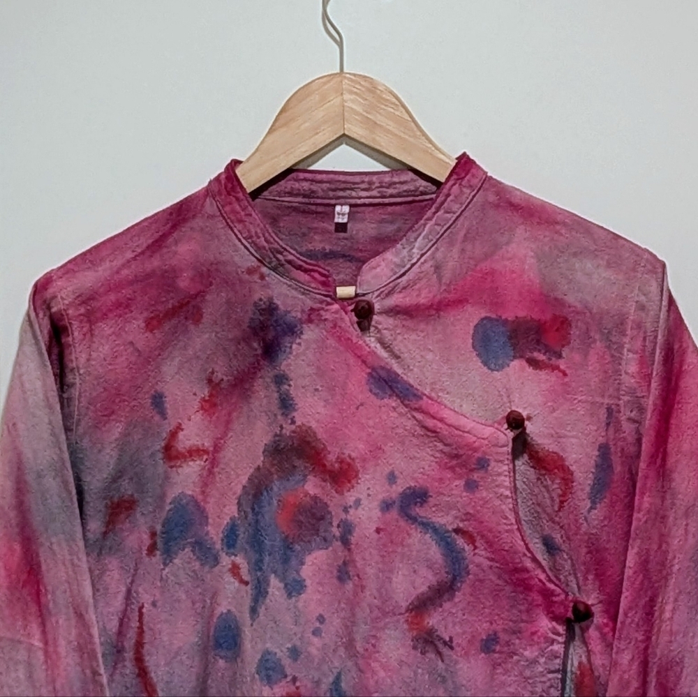 NWOT Beckwoman L 100% Cotton Tie Dyed Mandarin Collar Button Closure Top - Picture 2 of 6